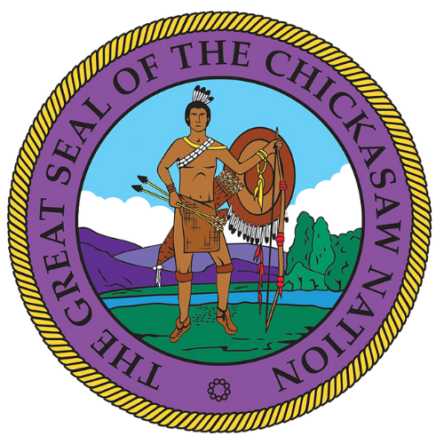 The Chickasaw Nation seal displays a First American warrior in traditional dress holding a bow and shield against a landscape of hills, water and trees, encircled by a purple border with gold rope trim. Text reads 